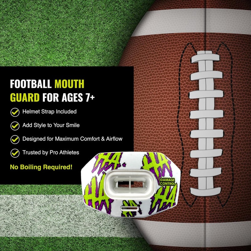 DAMAGE CONTROL Youth Football Mouth Guard – Breathable No Boil Mouthpiece, Protects Lips & Teeth, Works with Braces, Includes Helmet Strap – Sports Gear & Accessories (HA HA HA) - Image 4